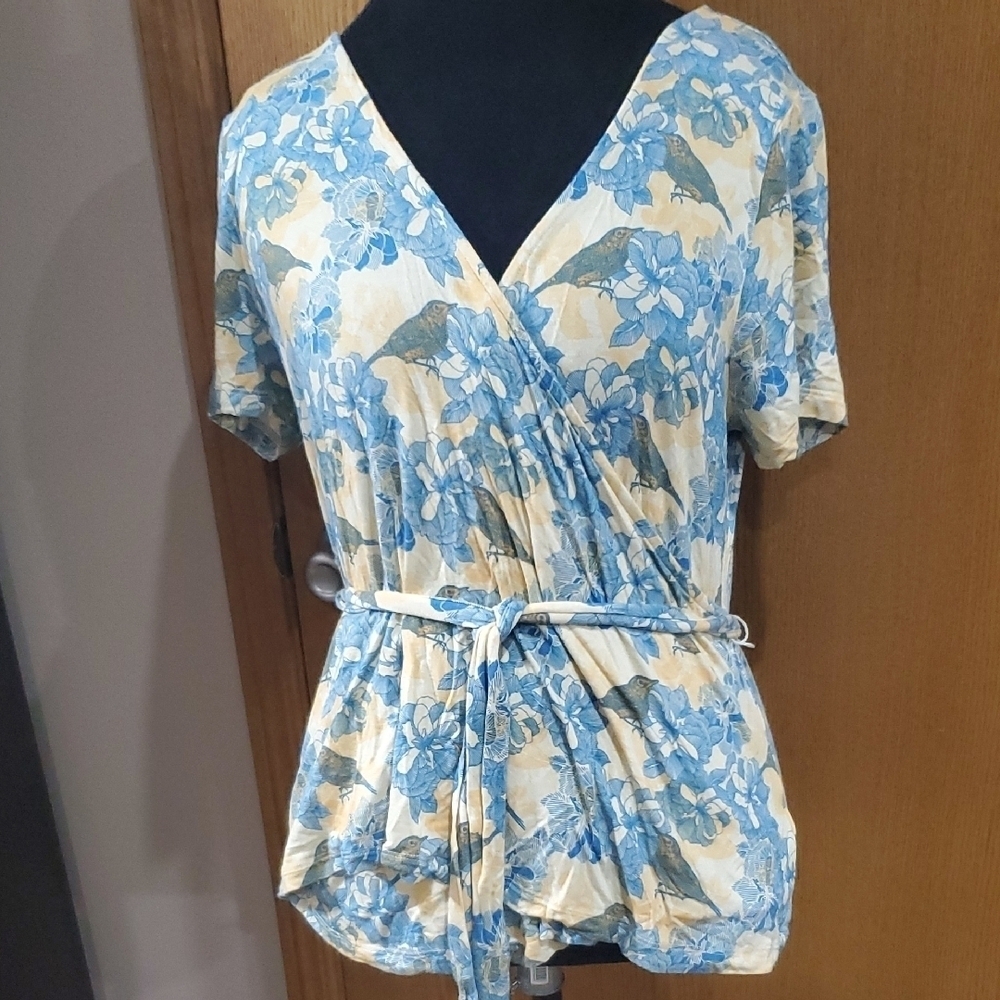Modcloth Yellow and Blue Faux Wrap Bird Floral Short Sleeve Top